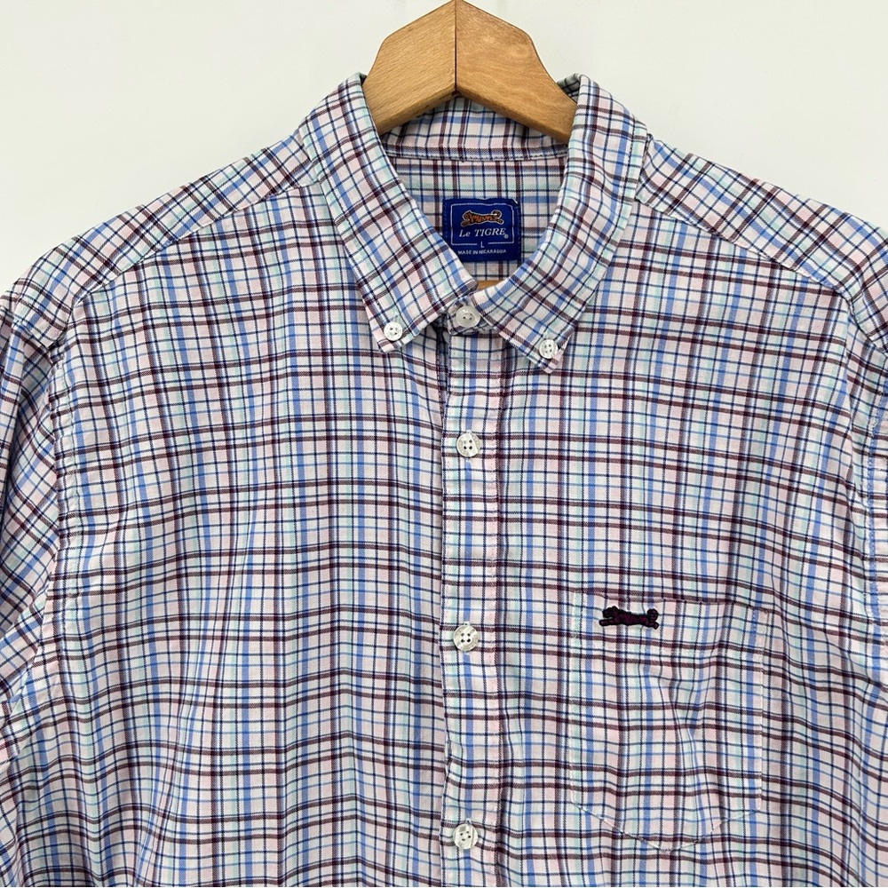 Le Tigre Men’s Long Sleeve Plaid Flannel Shirt Sz L Logo Blue Pink‎ Preppy Soft